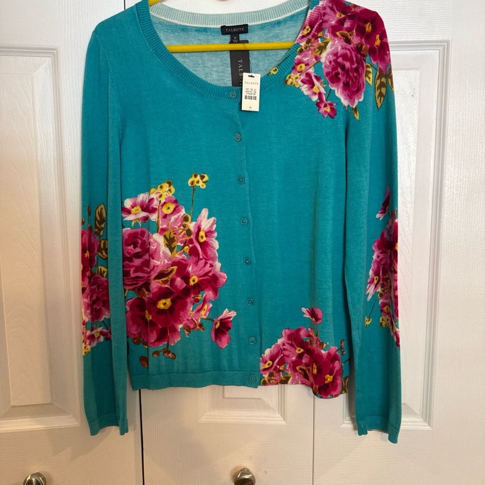 Talbots Teal Cardigan with Beautiful Pink Floral Design. NWT